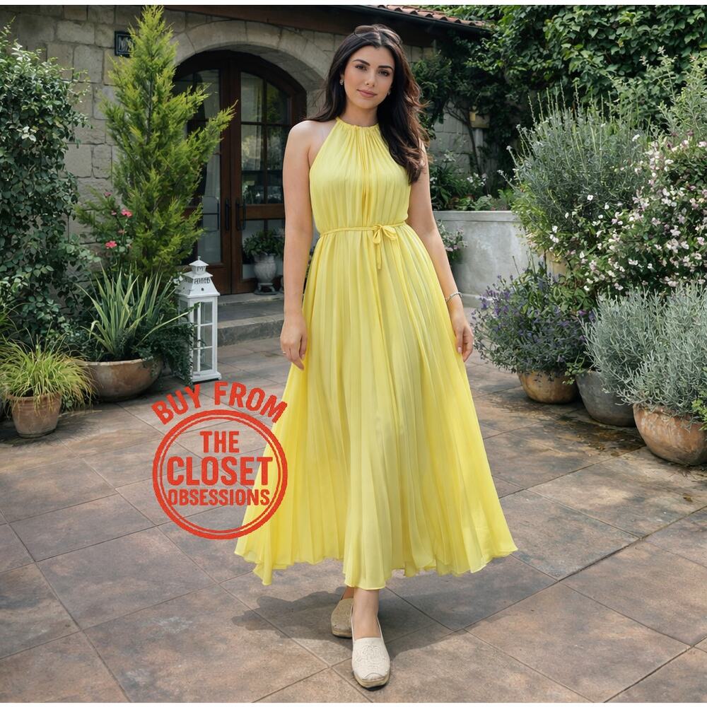 Mango NWT Butter Yellow Pleated Halter Midi Dress 8 - Picture 6 of 16